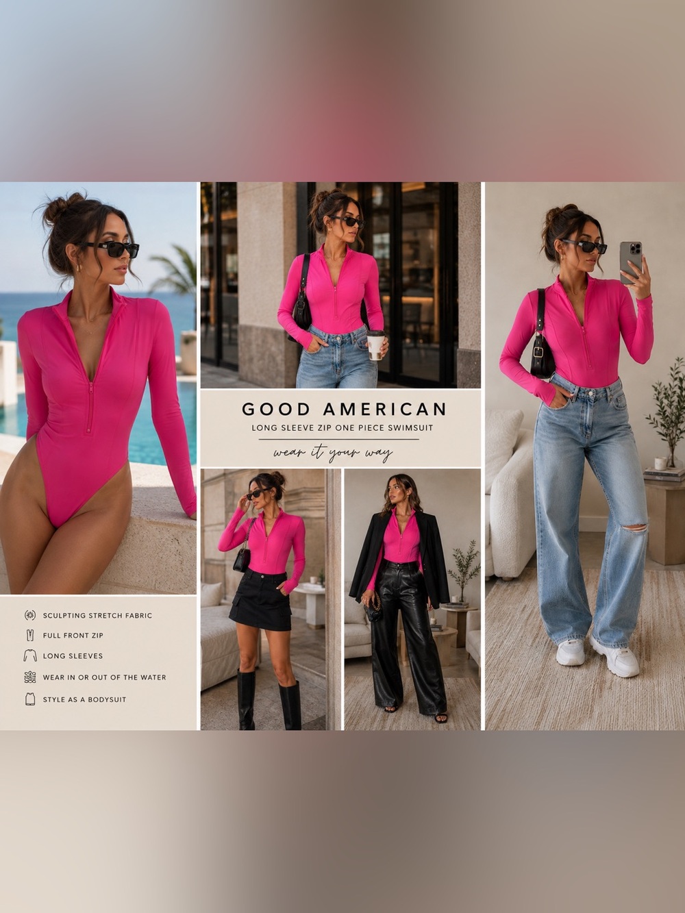 Good American Pink Long Sleeve Zip One Piece Swimsuit M NWT - Picture 2 of 8